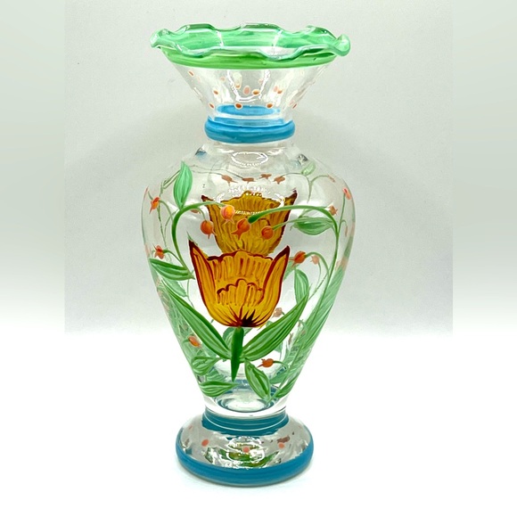 VTG Tracy Porter Hand Painted Glass Flower Vase Ruffled Rim Yellow Tulip 6.5 in - Picture 1 of 10